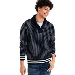 American Eagle Wool Blend Blue Sweater Men's L Pullover Mock Neck Knit Cotton